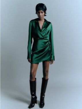 ZARA WOMAN SHORT SATIN EFFECT WRAP DRESS MID-GREEN LARGE